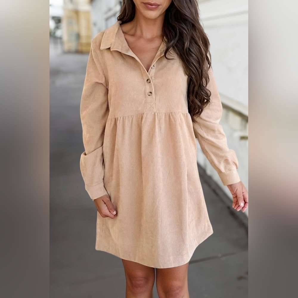 Almond Corduroy Half Button Collared Long Sleeve Mini Dress